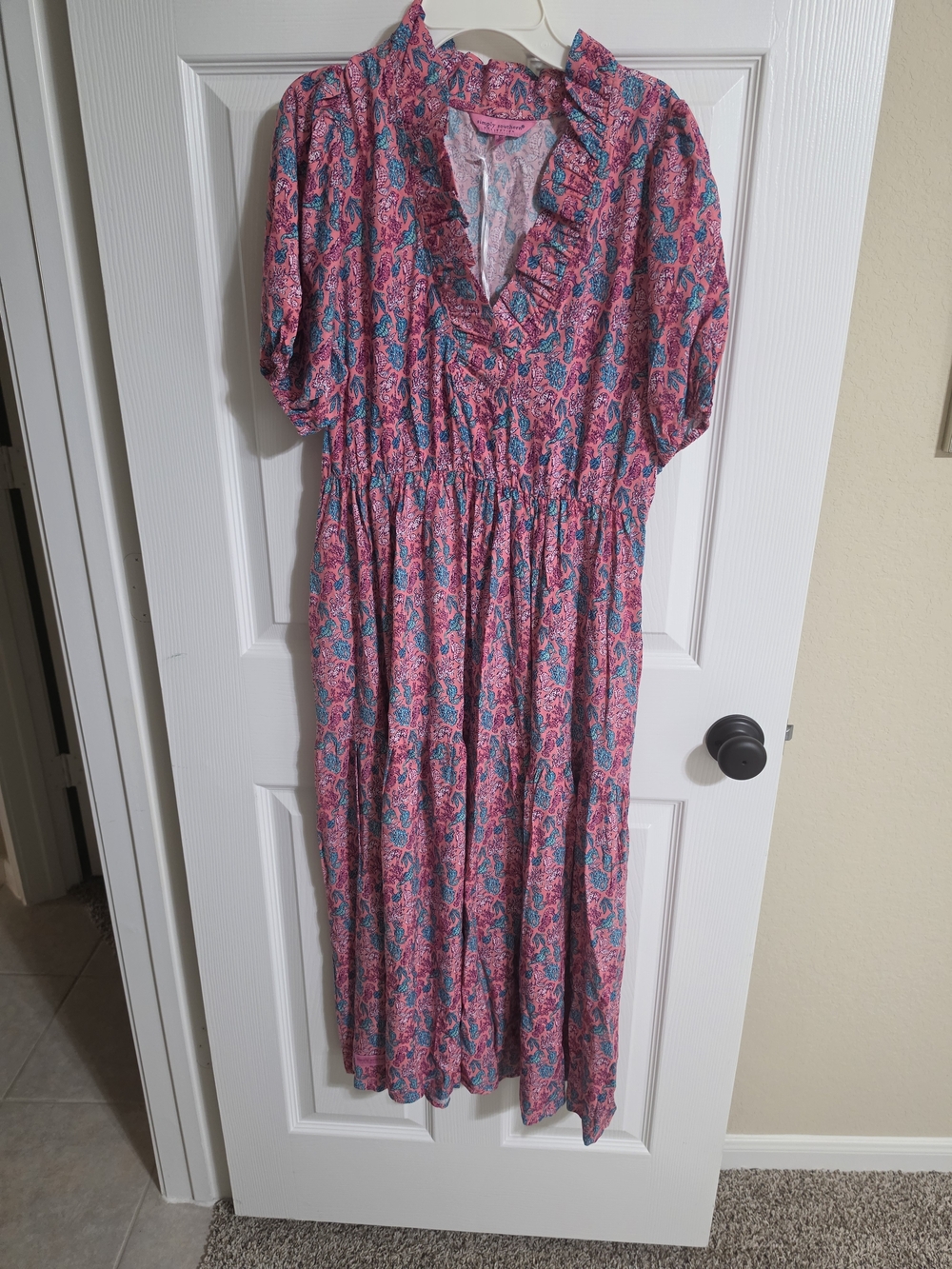 Women's Pink Floral Midi Dress with Ruffle V-Neck